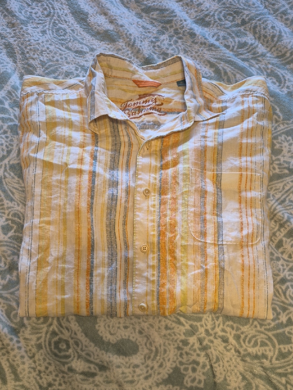 Tommy Bahama Yellow and Blue Striped Casual Button-Down Shirt